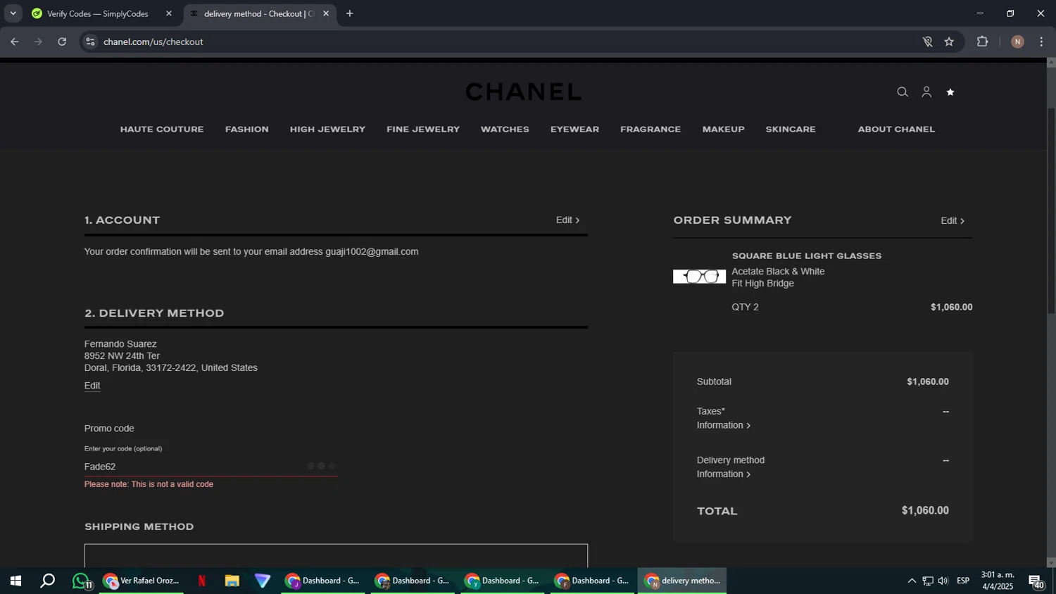 Chanel promo code screenshot showing code Fade62 applied at Chanel checkout page. Uploaded by SimplyCodes community member DiscountPioneer2554 on Apr 4, 2025