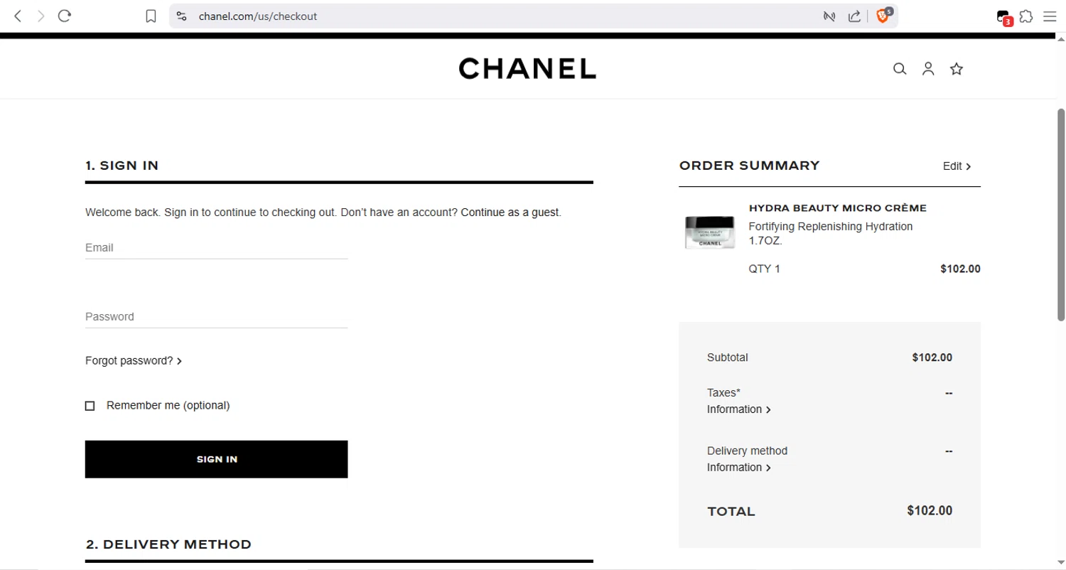Chanel promo code screenshot showing code Mode45 applied at Chanel checkout page. Uploaded by SimplyCodes community member Fabio05 on Apr 7, 2025