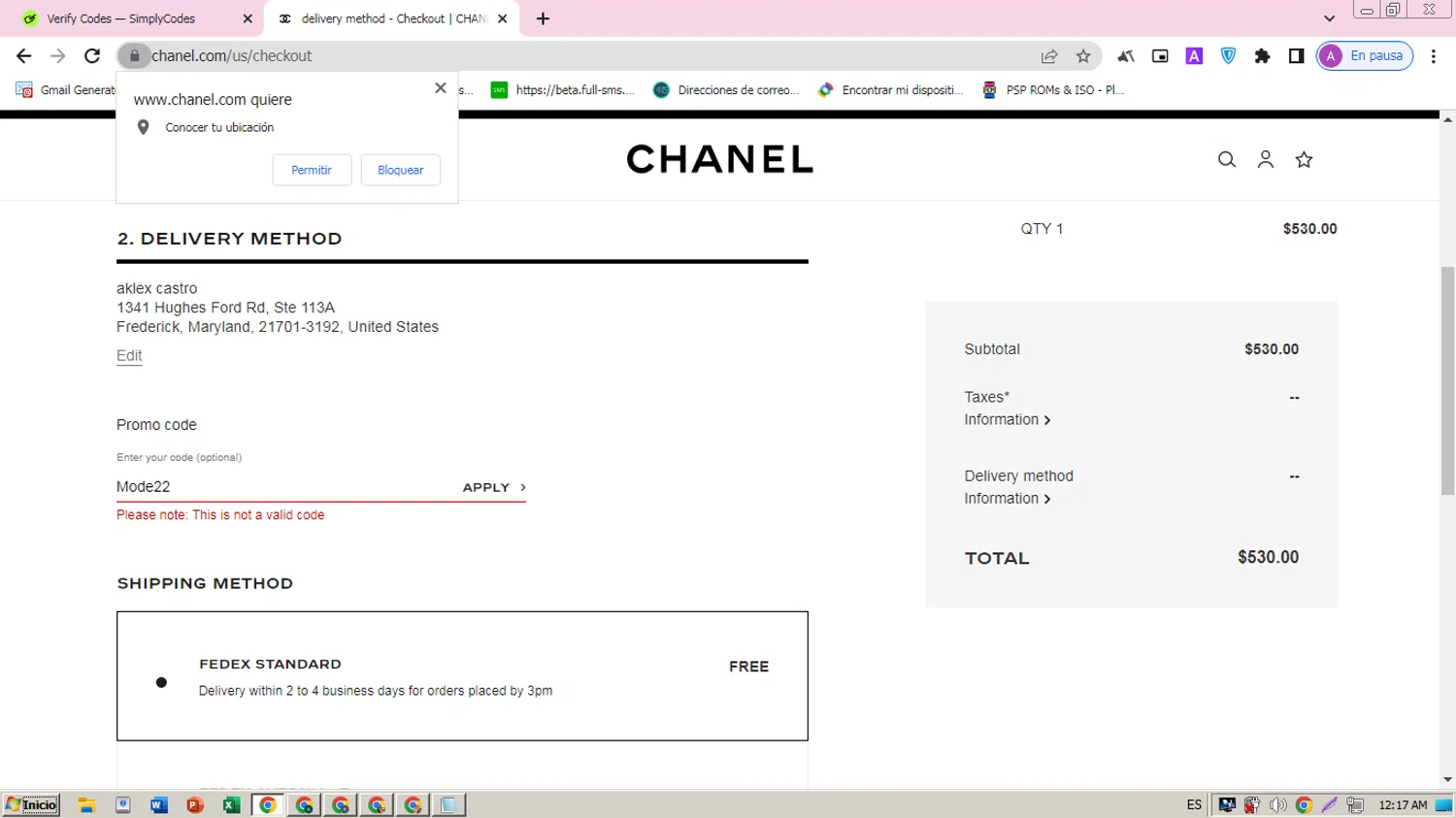 Chanel promo code screenshot showing code Mode22 applied at Chanel checkout page. Uploaded by SimplyCodes community member ARCANGEL on Apr 3, 2025