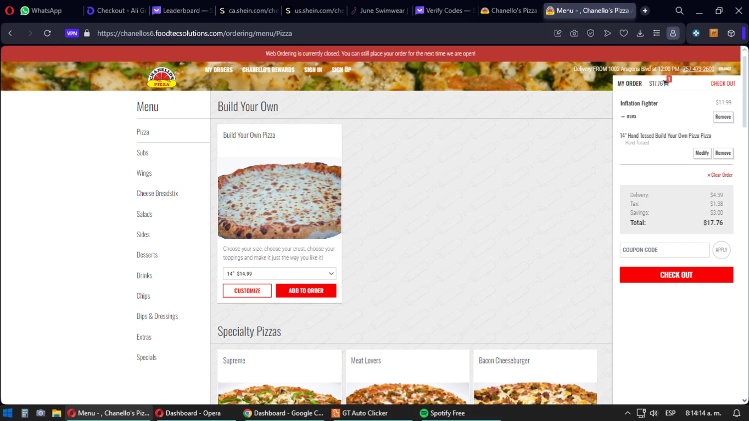 Chanello's Pizza checkout page showing Chanello's Pizza promo code box | Screenshot taken by SimplyCodes community member on Jan 17, 2024