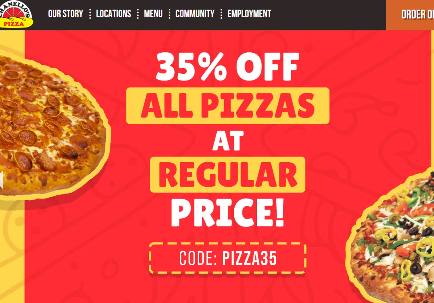 Chanello's Pizza promo code screenshot showing code pizza35 applied at Chanello's Pizza checkout page. Uploaded by SimplyCodes community member Dejadepicharme on May 23, 2025