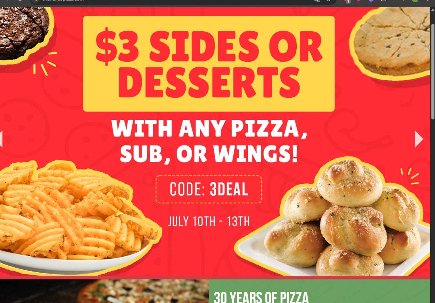 Chanello's Pizza promo code screenshot showing code 3DEAL applied at Chanello's Pizza checkout page. Uploaded by SimplyCodes community member Dejadepicharme on Jul 10, 2025