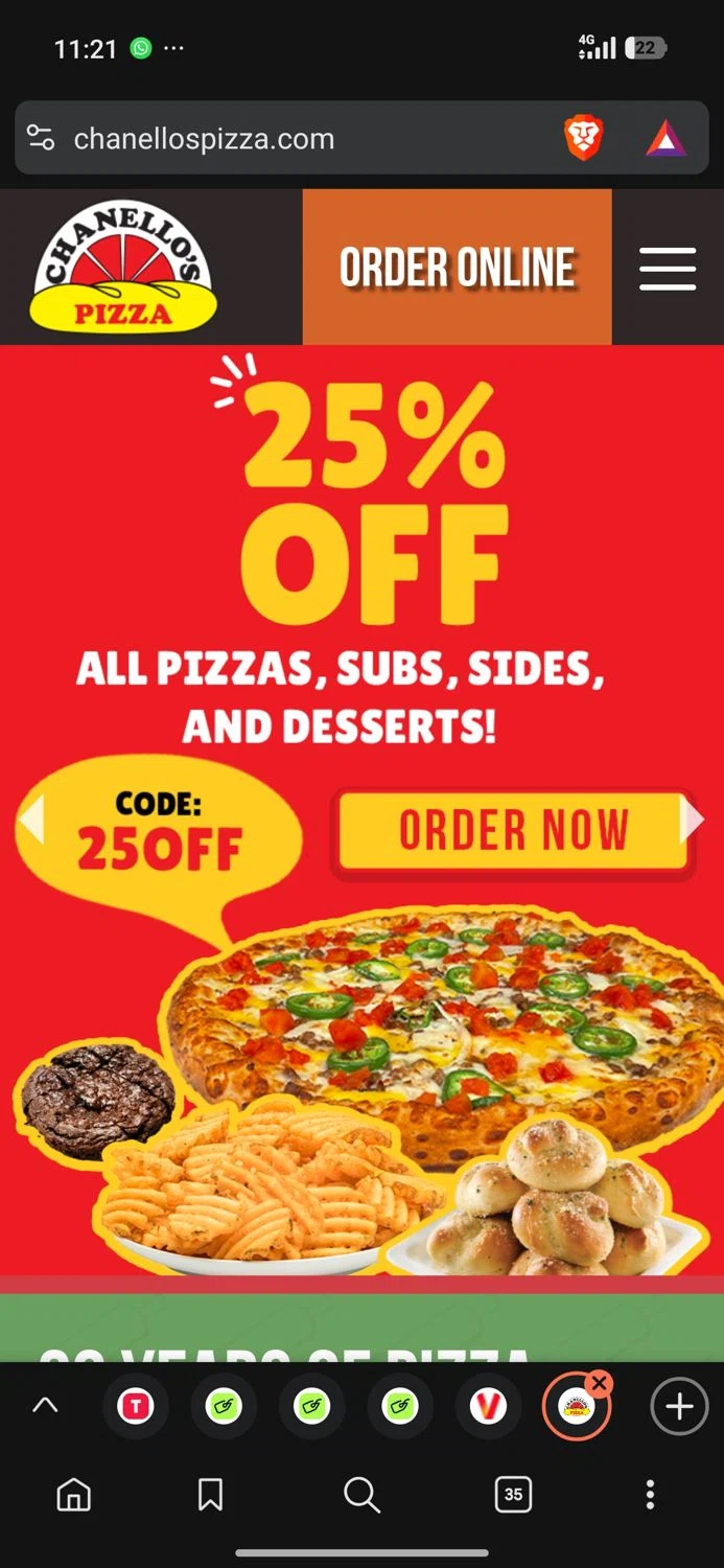 Chanello's Pizza promo code screenshot showing code 25OFF applied at Chanello's Pizza checkout page. Uploaded by SimplyCodes community member Dejadepicharme on Dec 11, 2025