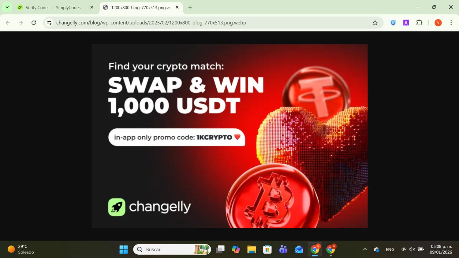 Changelly promo code screenshot showing code 1KCRYPTO applied at Changelly checkout page. Uploaded by SimplyCodes community member SavingsCaptain8190 on Jan 9, 2026