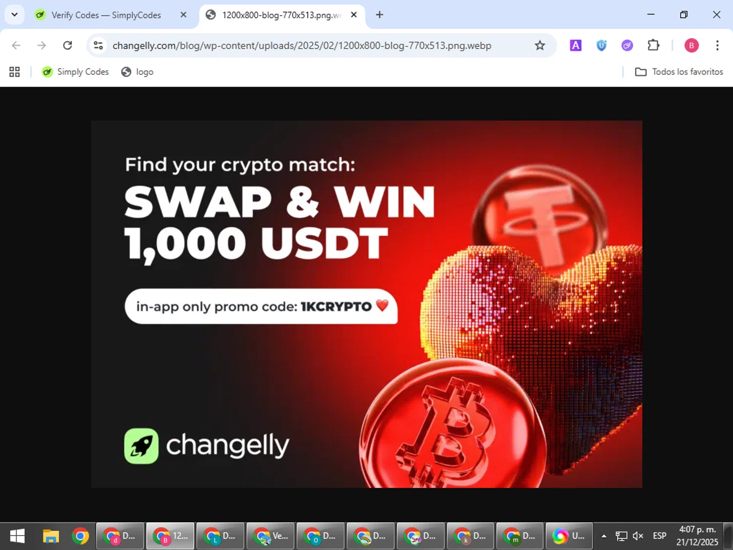 Changelly promo code screenshot showing code 1KCRYPTO applied at Changelly checkout page. Uploaded by SimplyCodes community member bombontropical on Dec 21, 2025