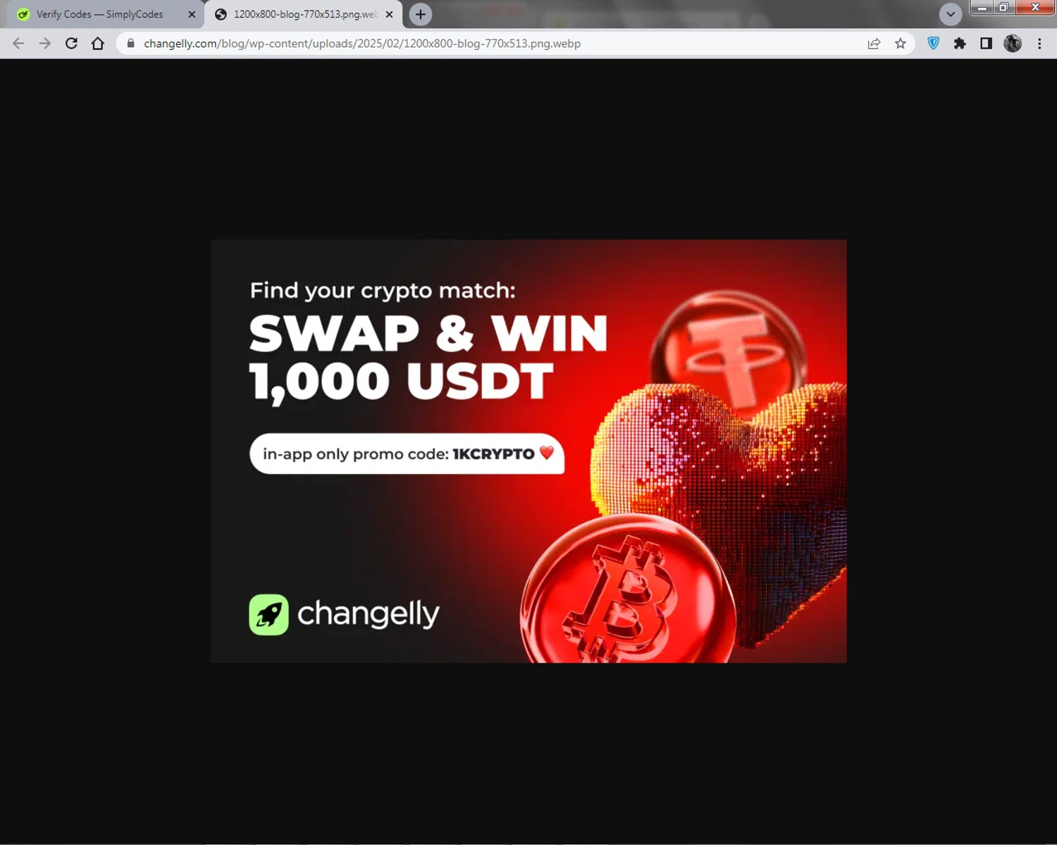 Changelly promo code screenshot showing code 1KCRYPTO applied at Changelly checkout page. Uploaded by SimplyCodes community member saintttt on Jan 9, 2026