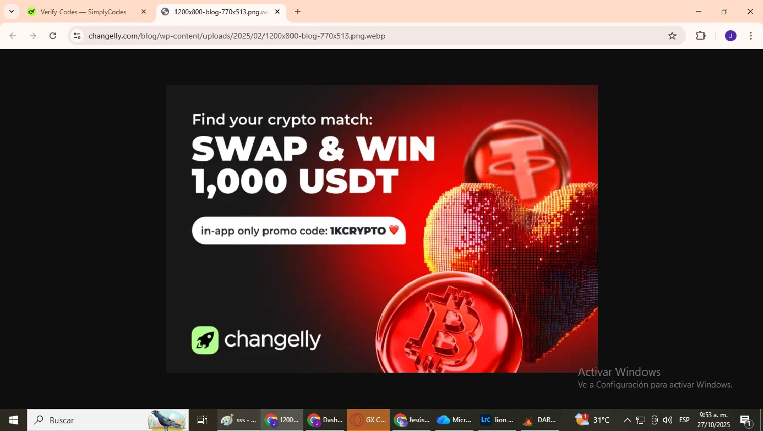 Changelly promo code screenshot showing code 1KRYPTO applied at Changelly checkout page. Uploaded by SimplyCodes community member CrownPhoenix4297 on Oct 27, 2025