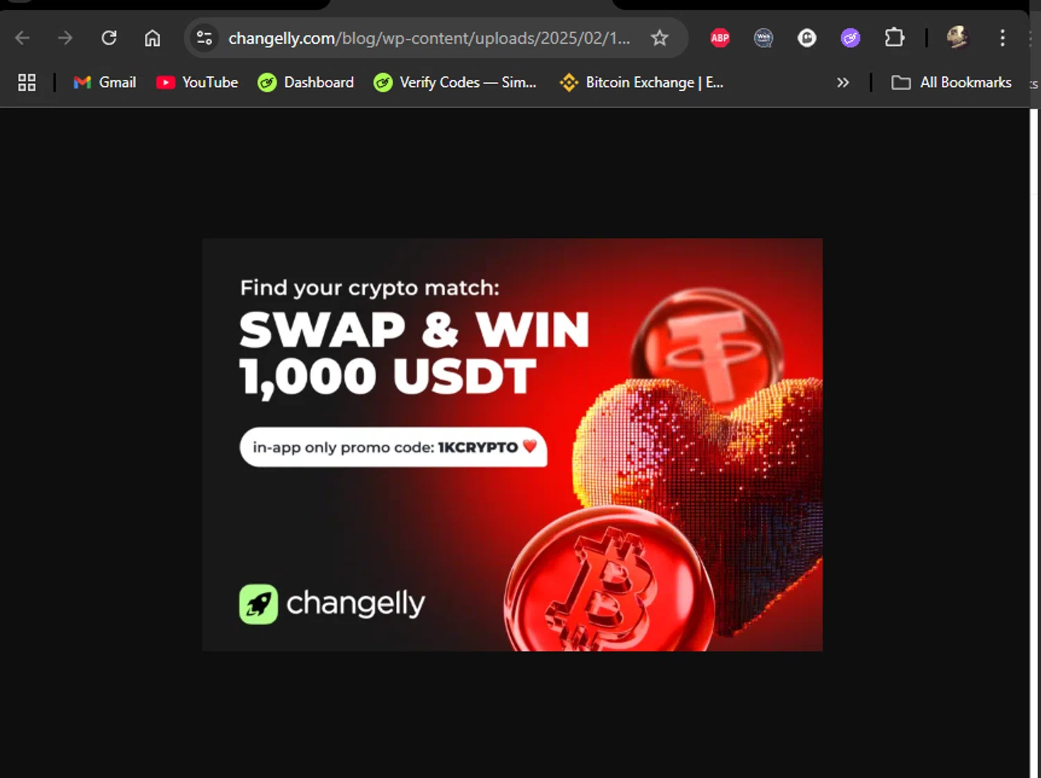 Changelly promo code screenshot showing code 1KRYPTO applied at Changelly checkout page. Uploaded by SimplyCodes community member LiShang on Sep 5, 2025