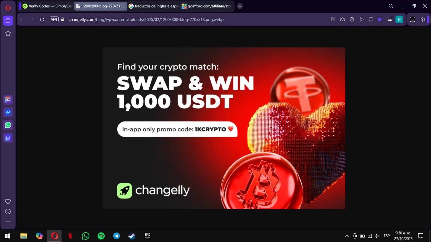 Changelly promo code screenshot showing code 1KRYPTO applied at Changelly checkout page. Uploaded by SimplyCodes community member ValiantWarden3907 on Oct 27, 2025