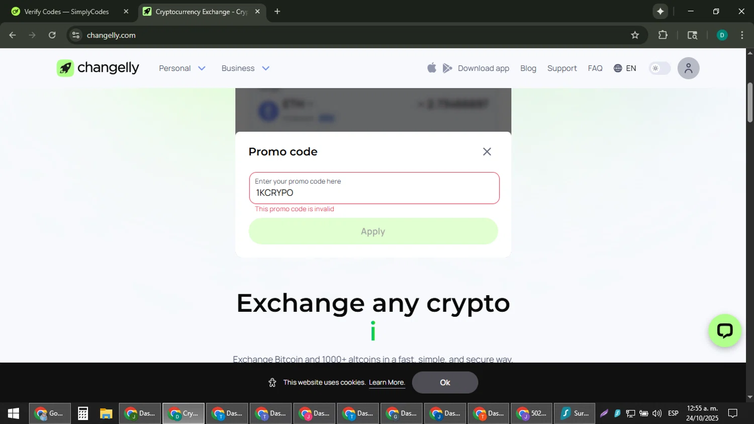 Changelly promo code screenshot showing code 1KCRYPO applied at Changelly checkout page. Uploaded by SimplyCodes community member ThriftyLion6776 on Oct 24, 2025