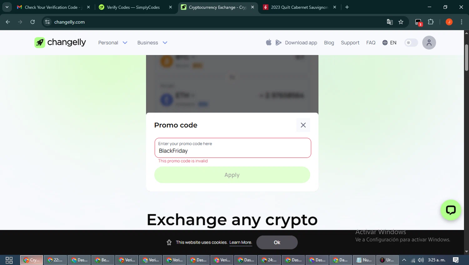 Changelly promo code screenshot showing code BlackFriday applied at Changelly checkout page. Uploaded by SimplyCodes community member NobleAce2304 on Dec 1, 2025
