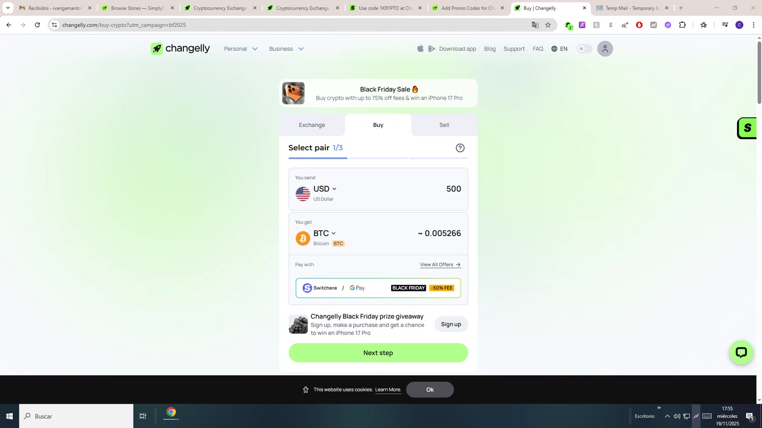 Changelly promo code screenshot showing code BlackFriday applied at Changelly checkout page. Uploaded by SimplyCodes community member LAGUGU on Nov 19, 2025