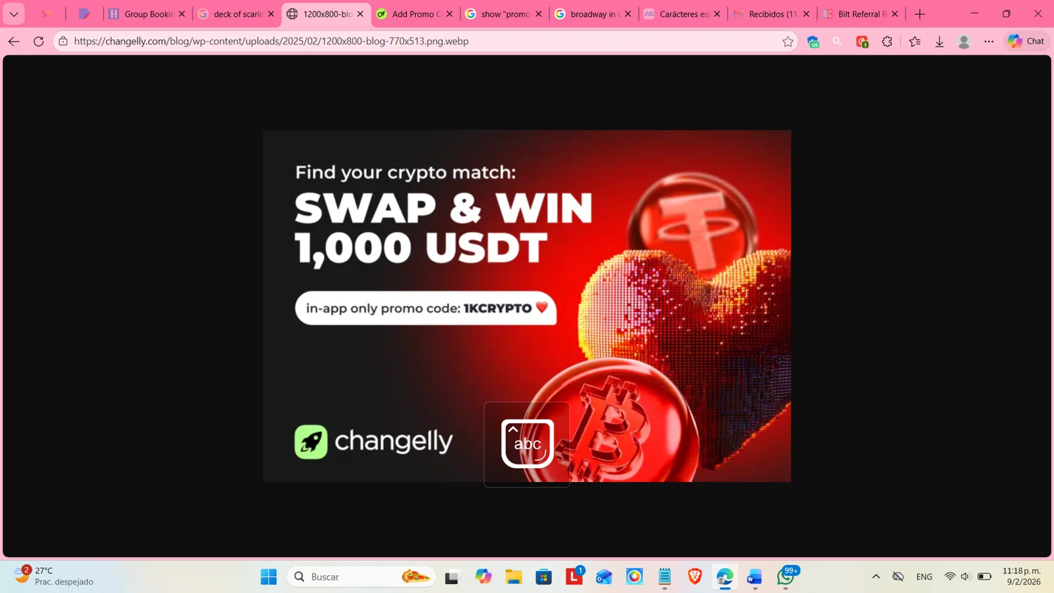 Changelly promo code screenshot showing code 1KCRYPTO applied at Changelly checkout page. Uploaded by SimplyCodes community member cosita on Feb 10, 2026
