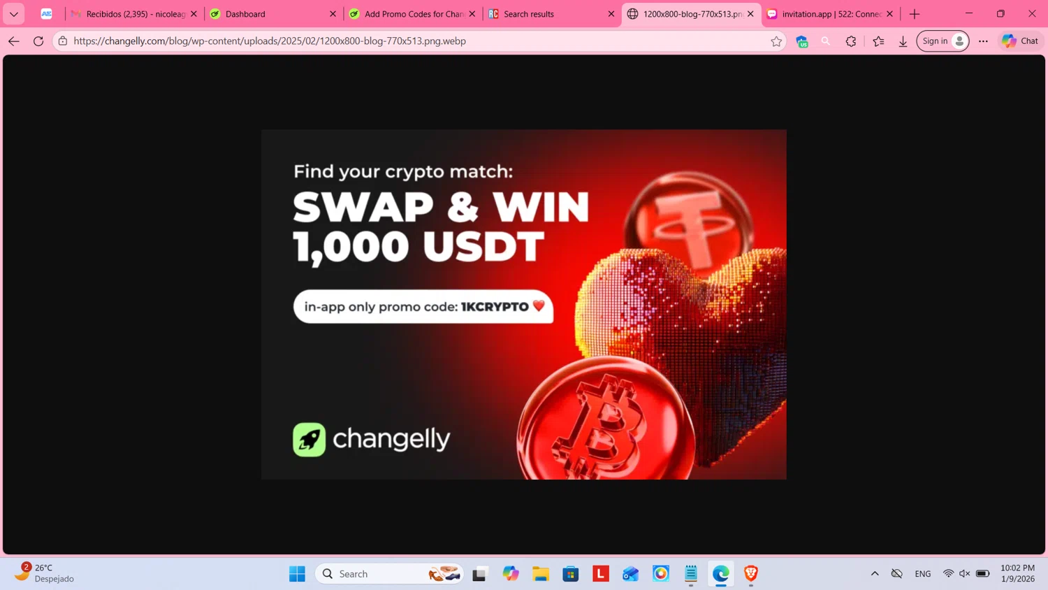 Changelly promo code screenshot showing code 1KCRYTO applied at Changelly checkout page. Uploaded by SimplyCodes community member cosita on Jan 10, 2026