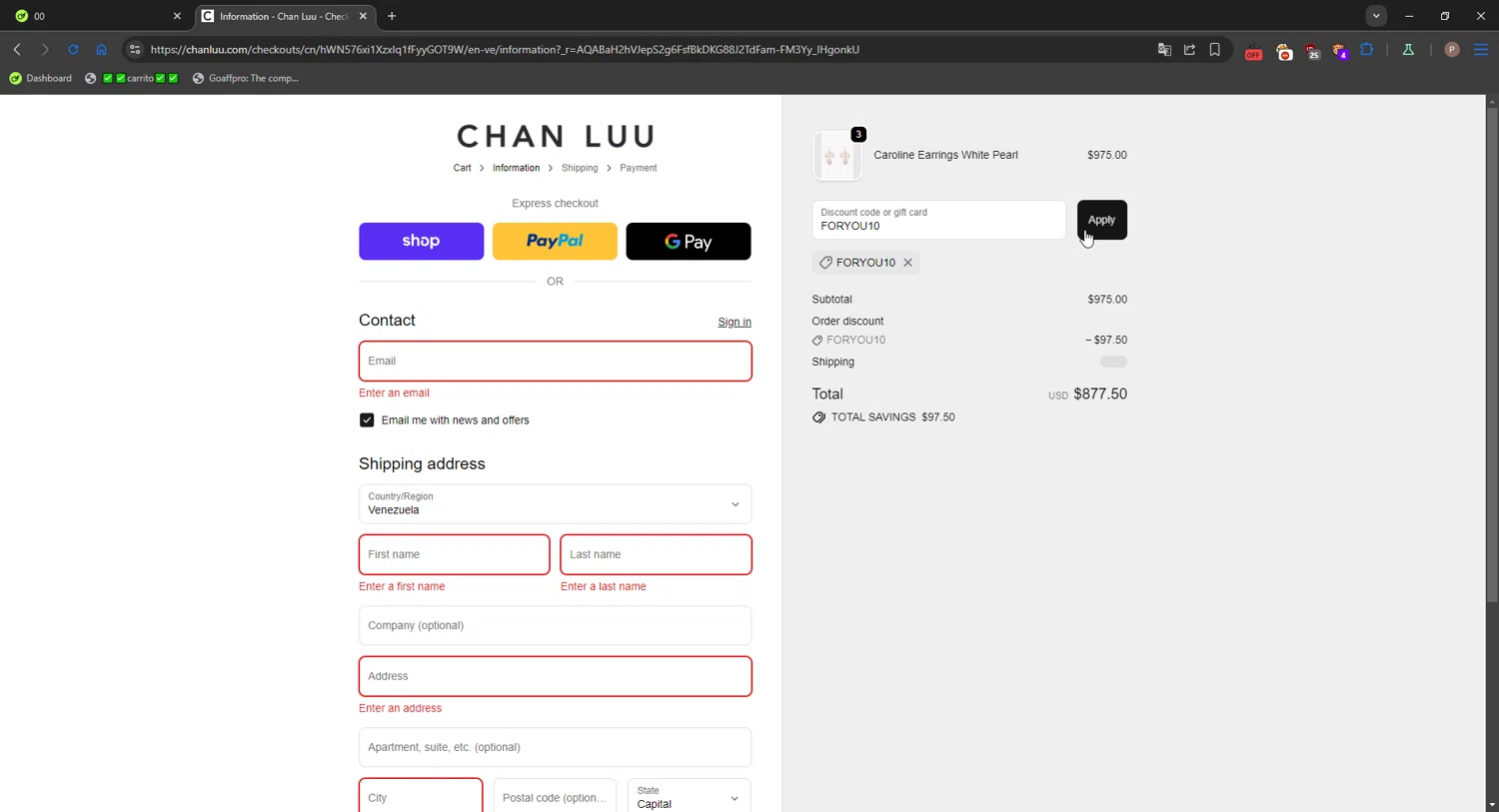 Chan Luu discount code screenshot showing code FORYOU10 applied at Chan Luu checkout page. Uploaded by SimplyCodes community member CrownPro3073 on Nov 10, 2025