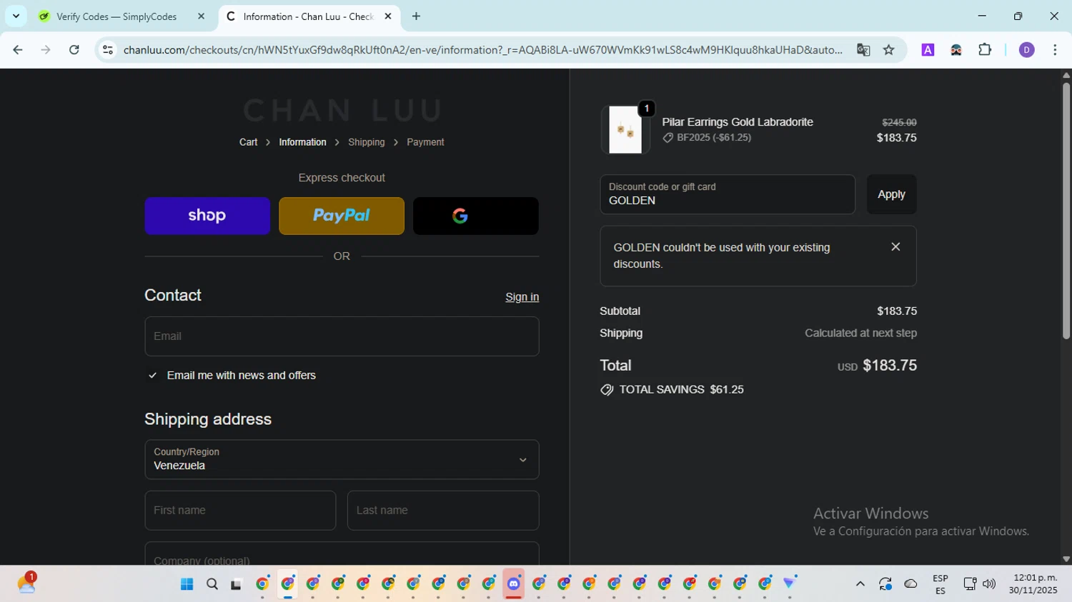 Chan Luu discount code screenshot showing code GOLDEN applied at Chan Luu checkout page. Uploaded by SimplyCodes community member EpicSpotter8045 on Nov 30, 2025