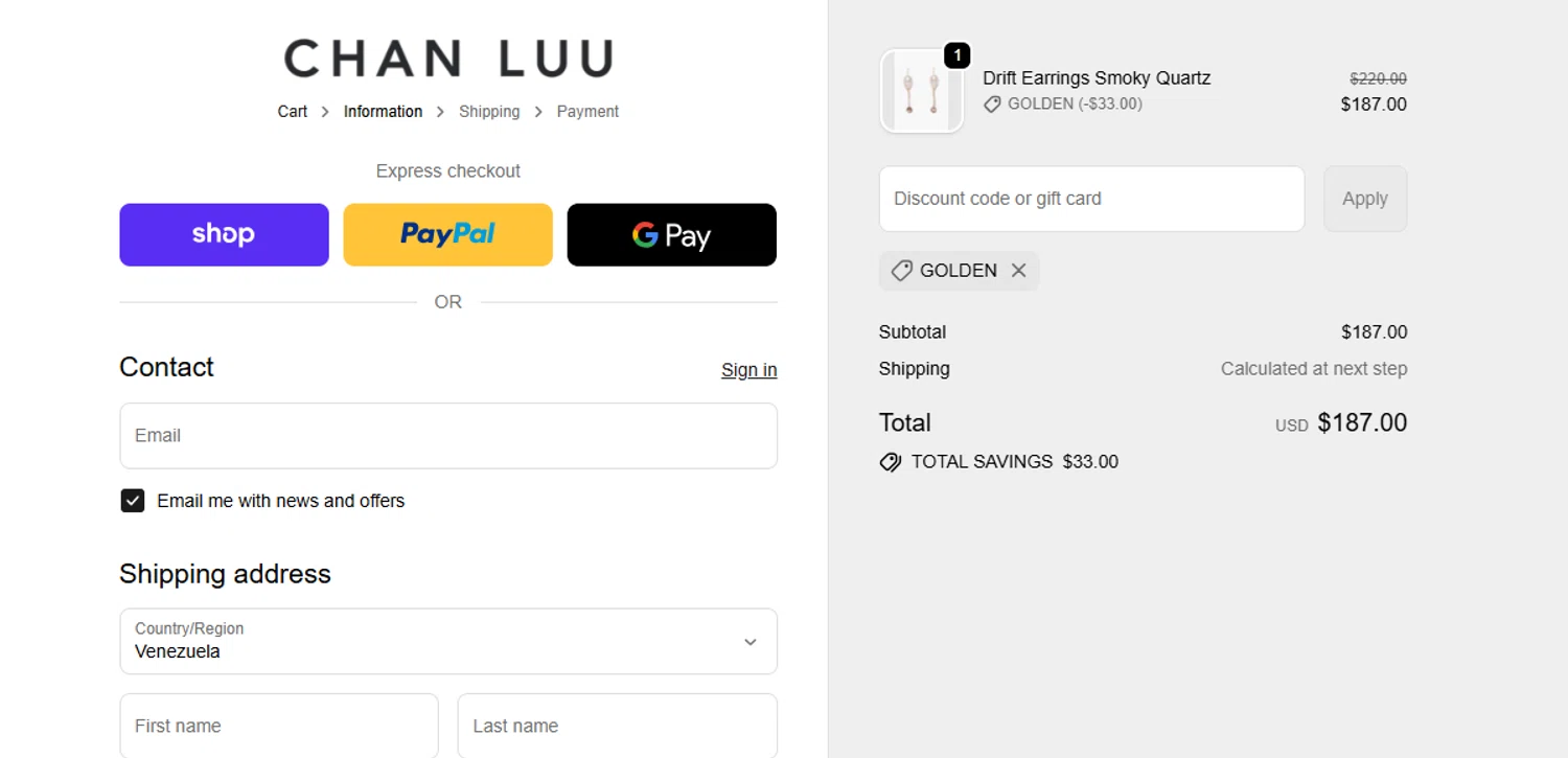 Chan Luu discount code screenshot showing code GOLDEN applied at Chan Luu checkout page. Uploaded by SimplyCodes community member Gaby04 on Nov 20, 2025