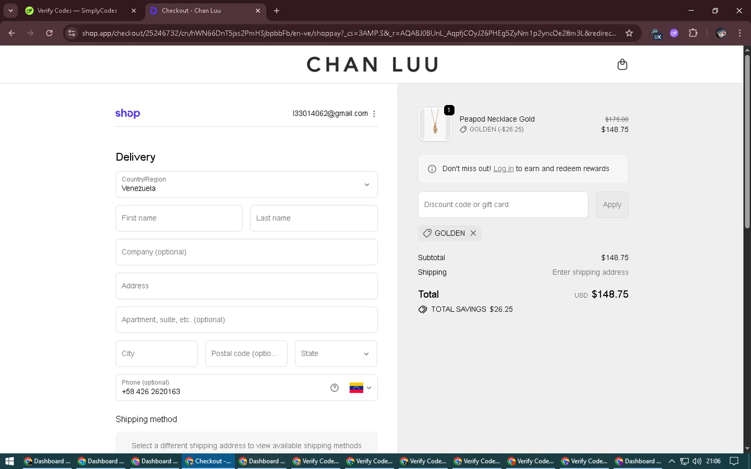 Chan Luu discount code screenshot showing code GOLDEN applied at Chan Luu checkout page. Uploaded by SimplyCodes community member NobleGenius1697 on Dec 6, 2025