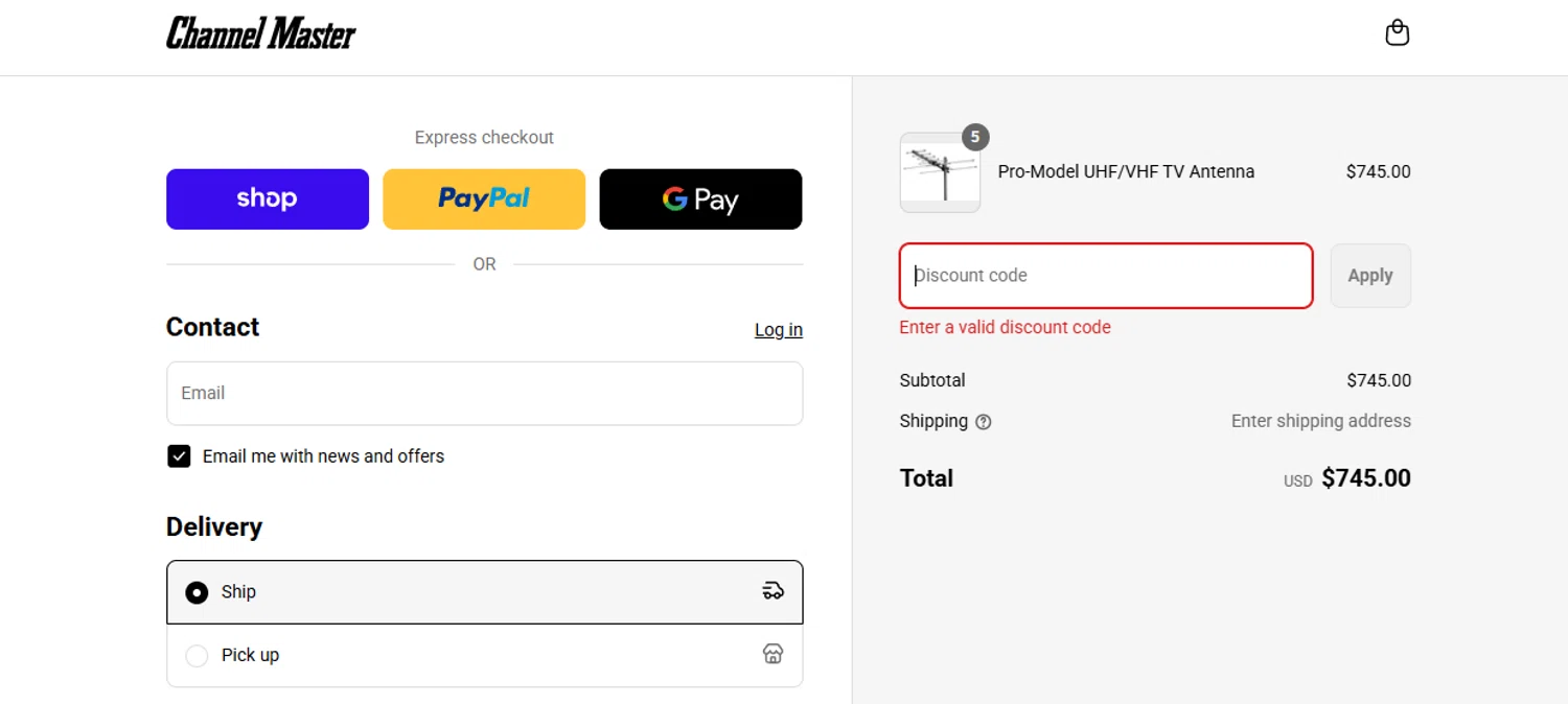 Channel Master promo code screenshot showing code 12Newsweek8 applied at Channel Master checkout page. Uploaded by SimplyCodes community member JohnSimply on Aug 30, 2025