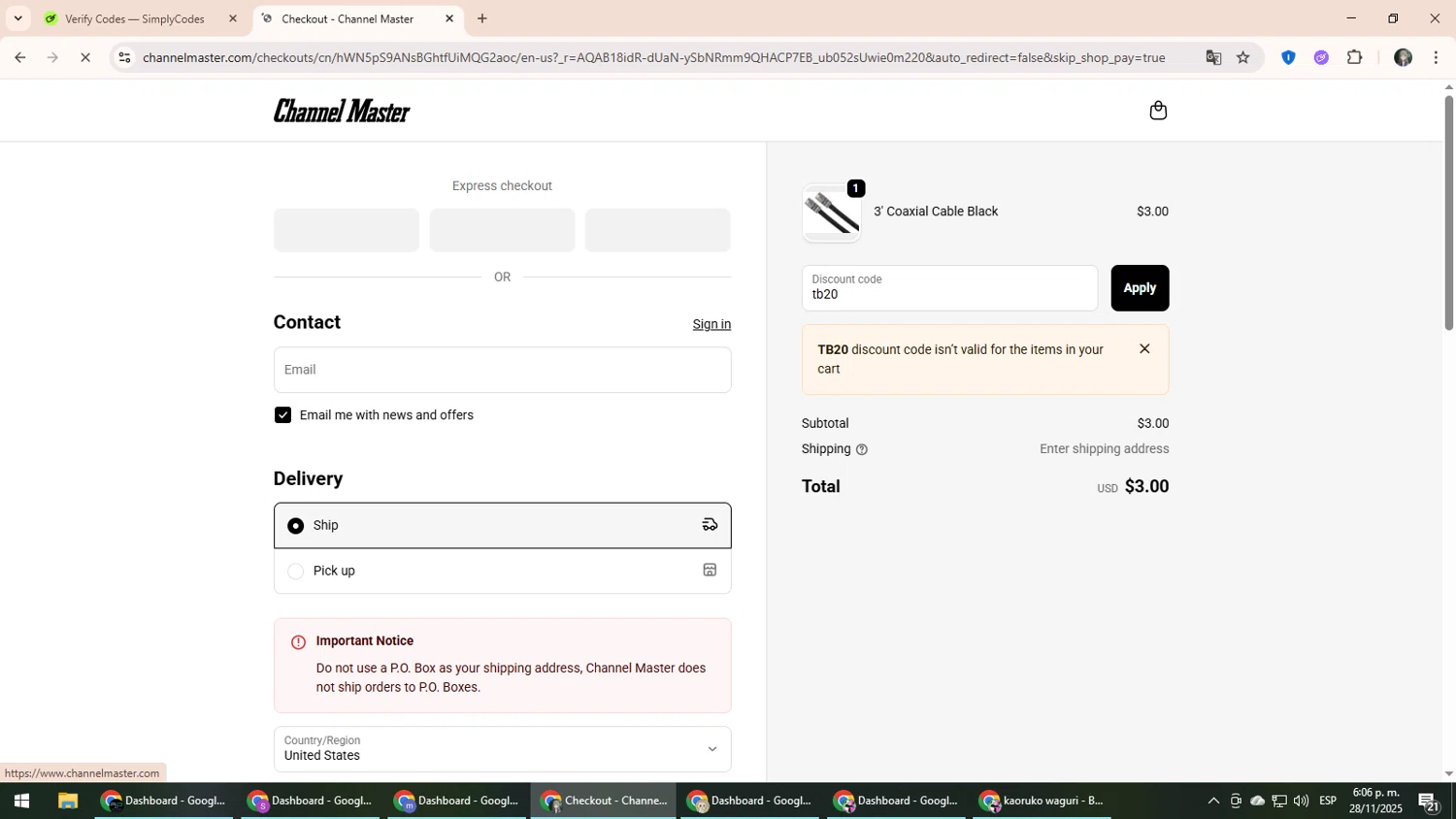 Channel Master promo code screenshot showing code tb20 applied at Channel Master checkout page. Uploaded by SimplyCodes community member CleverLynx6871 on Nov 28, 2025