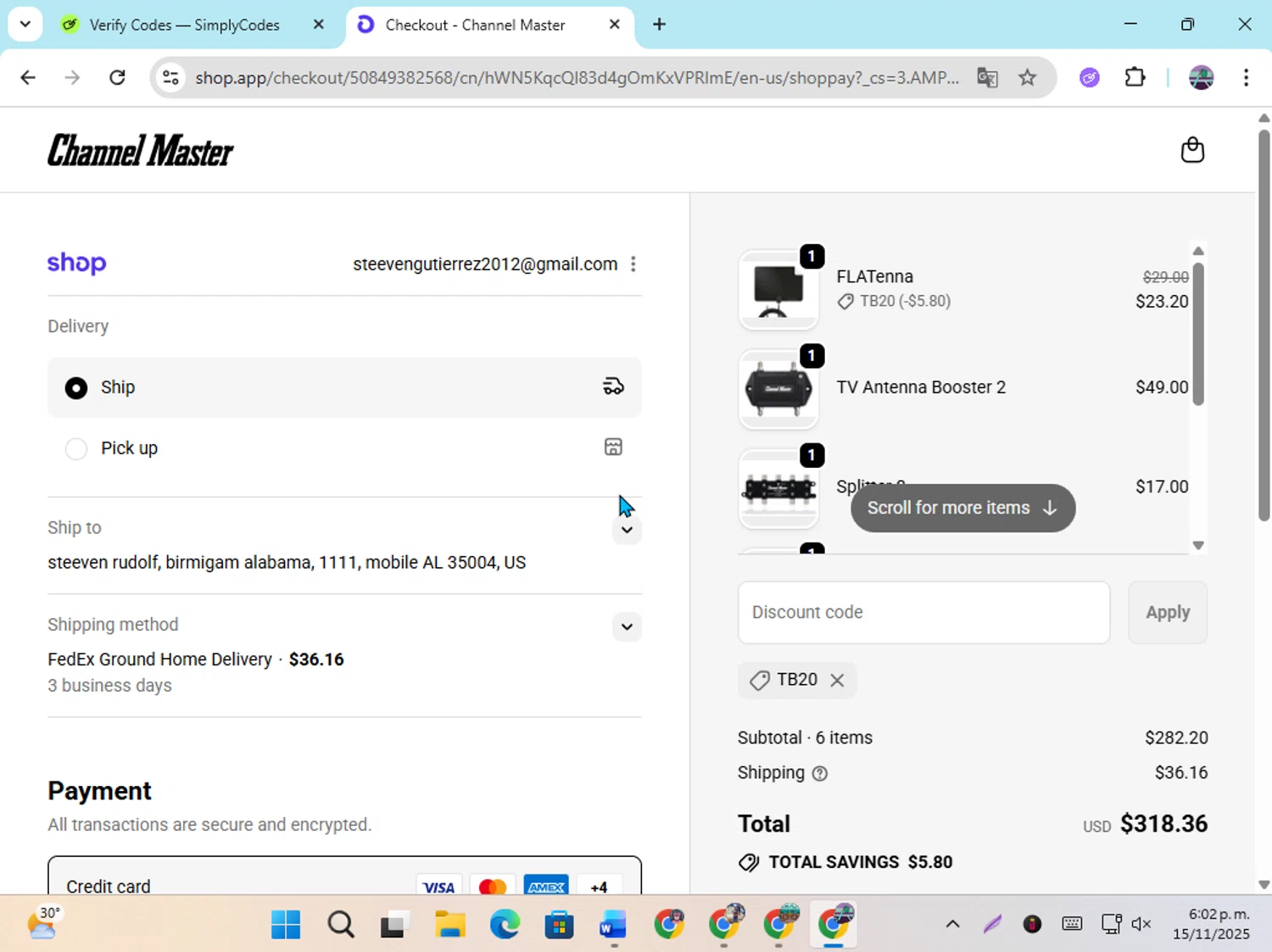Channel Master promo code screenshot showing code tb20 applied at Channel Master checkout page. Uploaded by SimplyCodes community member DiscountGenius6081 on Nov 15, 2025