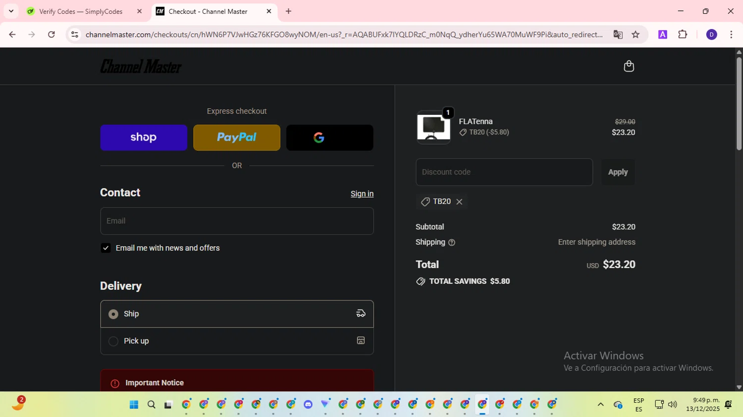 Channel Master promo code screenshot showing code tb20 applied at Channel Master checkout page. Uploaded by SimplyCodes community member WonderLion2890 on Dec 14, 2025