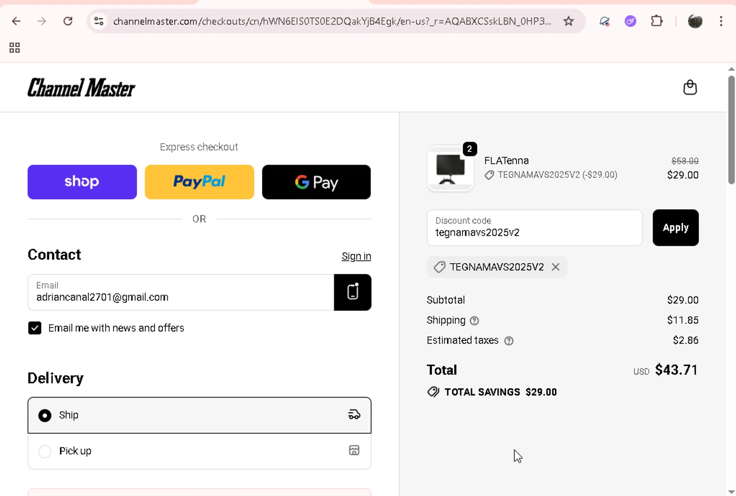 Channel Master promo code screenshot showing code tegnamavs2025v2 applied at Channel Master checkout page. Uploaded by SimplyCodes community member Jesusvasquezzz on Dec 9, 2025
