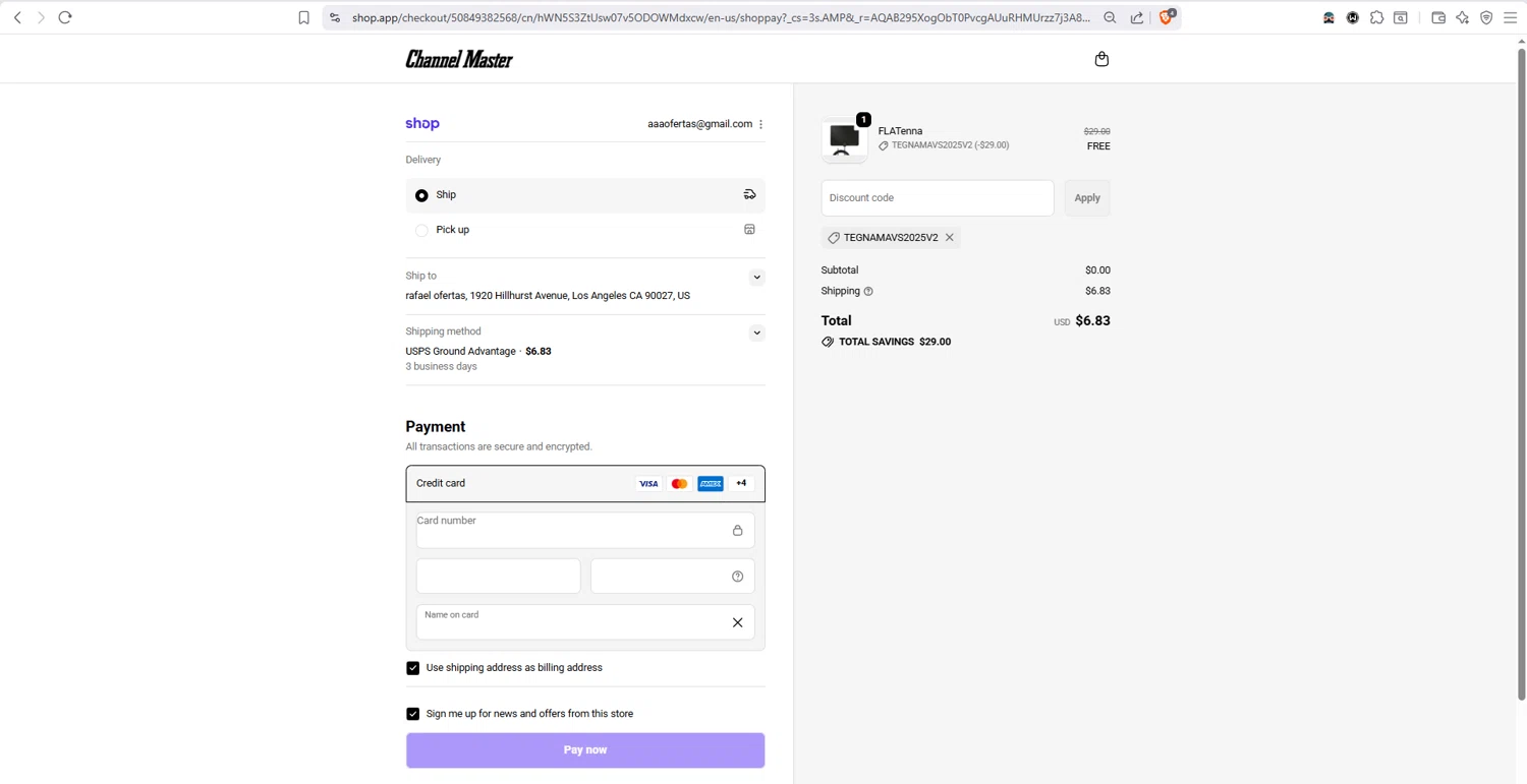 Channel Master promo code screenshot showing code tegnamavs2025v2 applied at Channel Master checkout page. Uploaded by SimplyCodes community member dayselis15 on Nov 18, 2025
