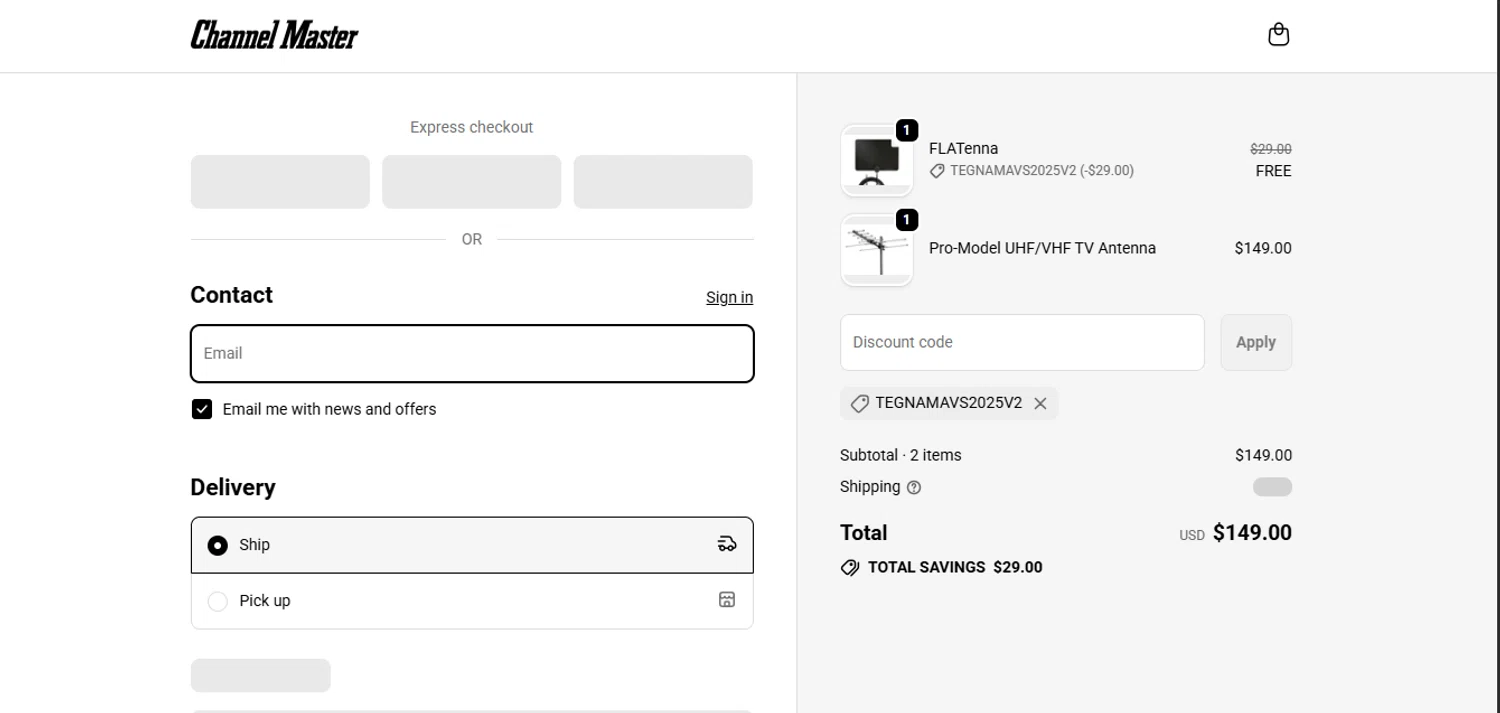 Channel Master promo code screenshot showing code tegnamavs2025v2 applied at Channel Master checkout page. Uploaded by SimplyCodes community member juanisaac on Nov 18, 2025