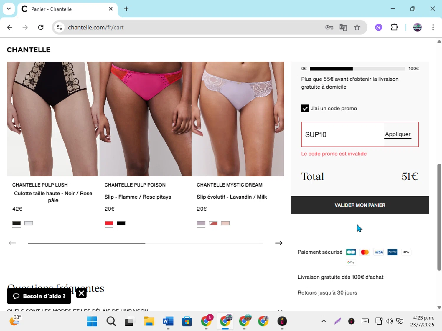 Chantelle promo code screenshot showing code SUP10 applied at Chantelle checkout page. Uploaded by SimplyCodes community member DiscountGenius6081 on Jul 23, 2025
