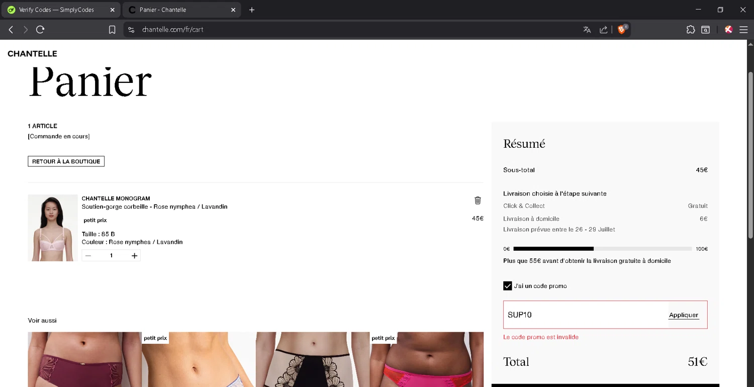 Chantelle promo code screenshot showing code SUP10 applied at Chantelle checkout page. Uploaded by SimplyCodes community member JosephStevens774 on Jul 23, 2025