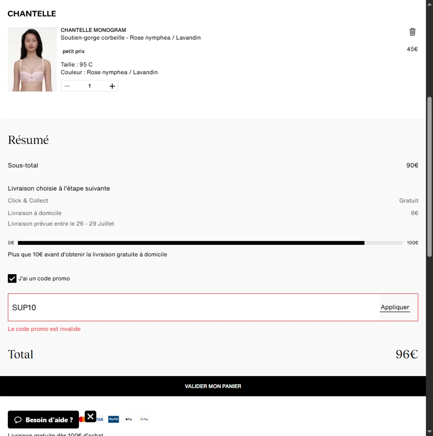 Chantelle promo code screenshot showing code SUP10 applied at Chantelle checkout page. Uploaded by SimplyCodes community member Leannysv7lla on Jul 23, 2025