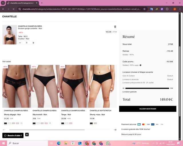 Chantelle checkout page showing Chantelle promo code box | Screenshot taken by SimplyCodes community member on Jul 15, 2025