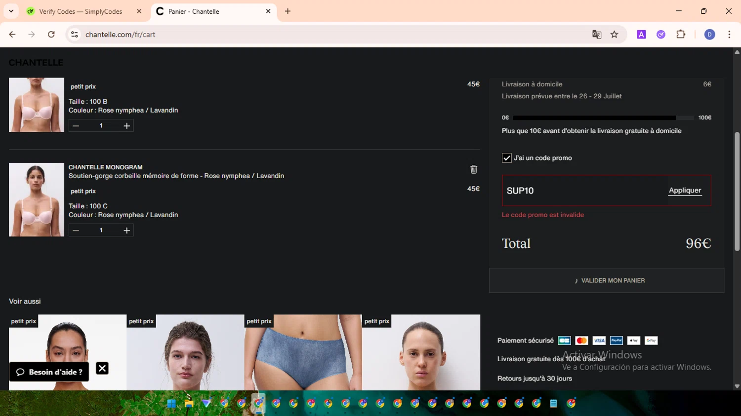 Chantelle promo code screenshot showing code SUP10 applied at Chantelle checkout page. Uploaded by SimplyCodes community member RewardOwl5959 on Jul 23, 2025
