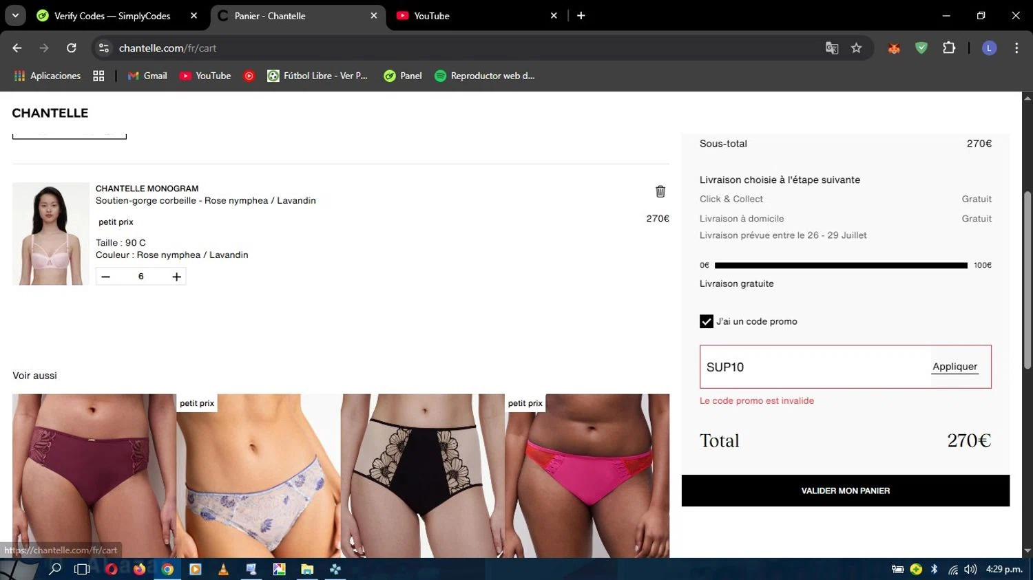 Chantelle promo code screenshot showing code SUP10 applied at Chantelle checkout page. Uploaded by SimplyCodes community member YOHALYSANCHEZ on Jul 23, 2025