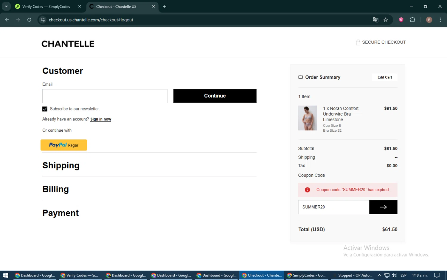 Chantelle promo code screenshot showing code SUMMER20 applied at Chantelle checkout page. Uploaded by SimplyCodes community member RoyalSleuth6331 on Jun 11, 2025