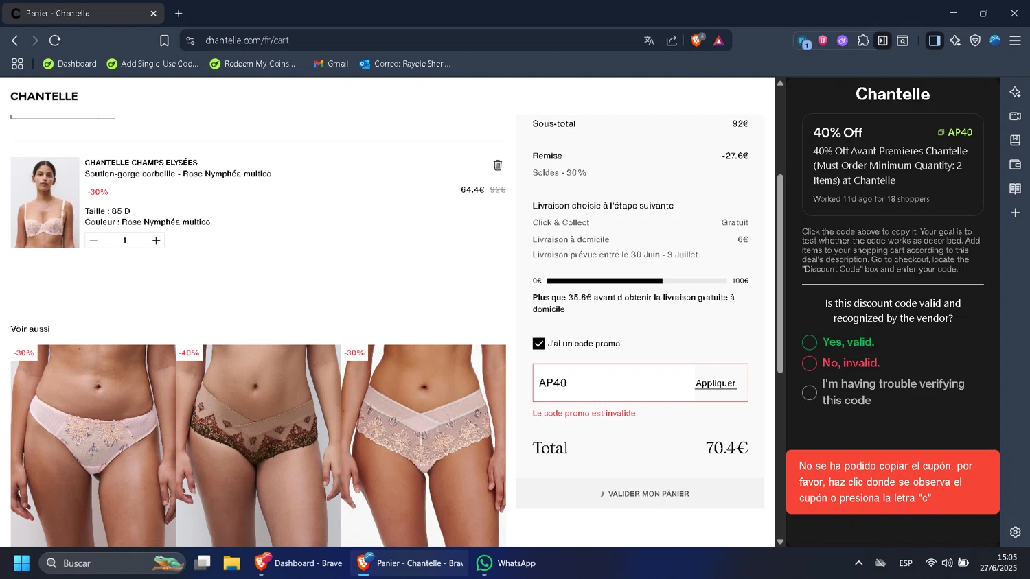 Chantelle promo code screenshot showing code AP40 applied at Chantelle checkout page. Uploaded by SimplyCodes community member HugoChavez1 on Jun 27, 2025