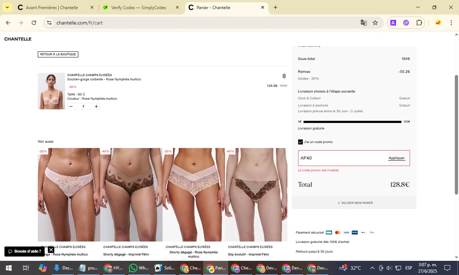 Chantelle promo code screenshot showing code AP40 applied at Chantelle checkout page. Uploaded by SimplyCodes community member NobleMonarch1787 on Jun 27, 2025