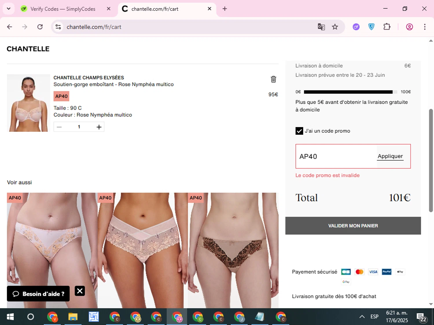 Chantelle promo code screenshot showing code AP40 applied at Chantelle checkout page. Uploaded by SimplyCodes community member QuestCurator1644 on Jun 17, 2025