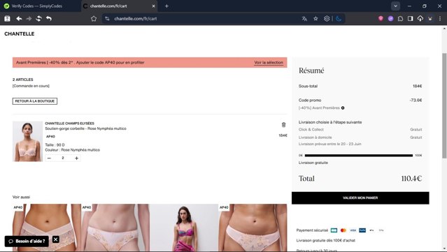 Chantelle checkout page showing Chantelle promo code box | Screenshot taken by SimplyCodes community member on Jun 17, 2025