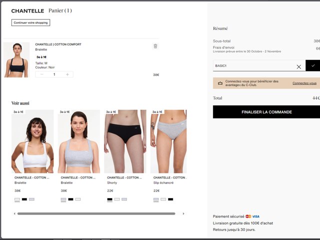 Chantelle checkout page showing Chantelle promo code box | Screenshot taken by SimplyCodes community member on Oct 27, 2024