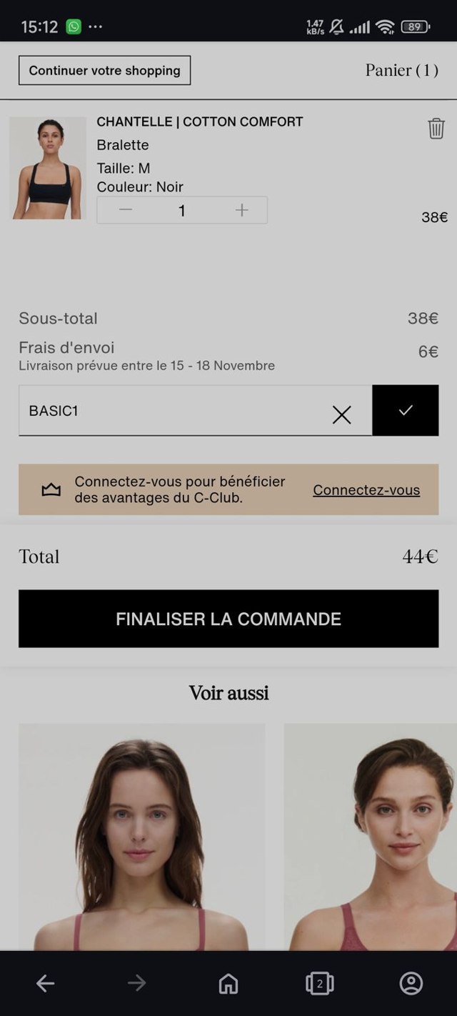Chantelle checkout page showing Chantelle promo code box | Screenshot taken by SimplyCodes community member on Nov 12, 2024