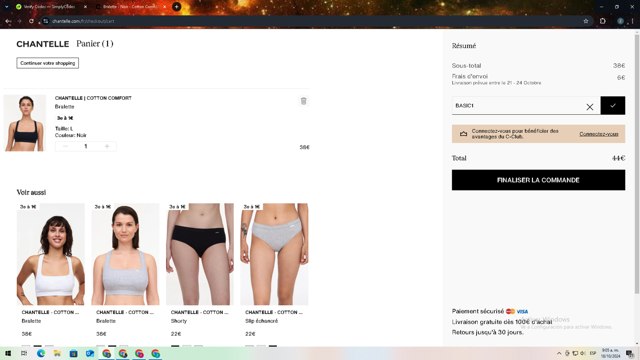 Chantelle checkout page showing Chantelle promo code box | Screenshot taken by SimplyCodes community member on Oct 18, 2024