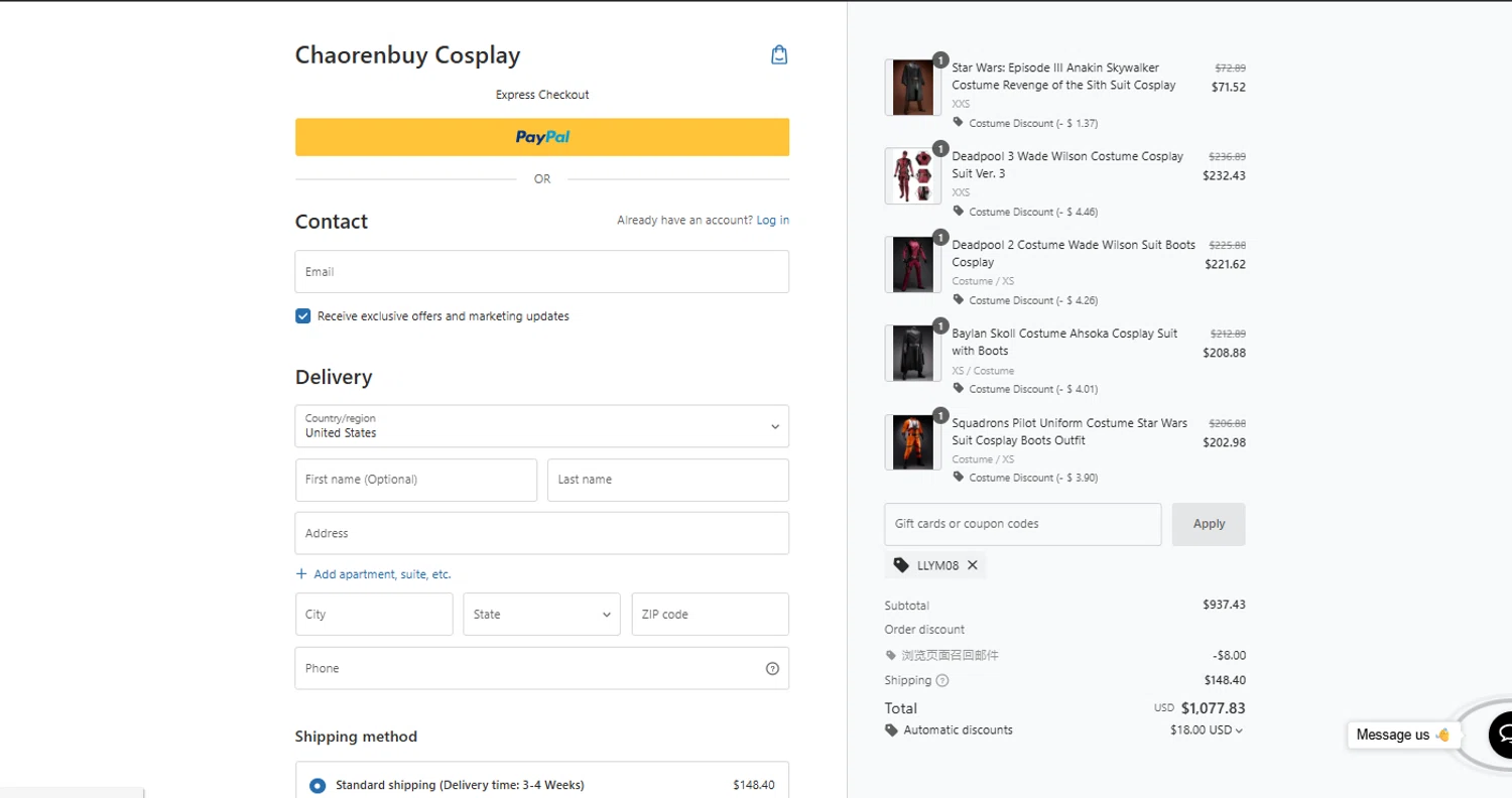Chaorenbuy promo code screenshot showing code LLYM08 applied at Chaorenbuy checkout page. Uploaded by SimplyCodes community member alexcoleman on May 9, 2025