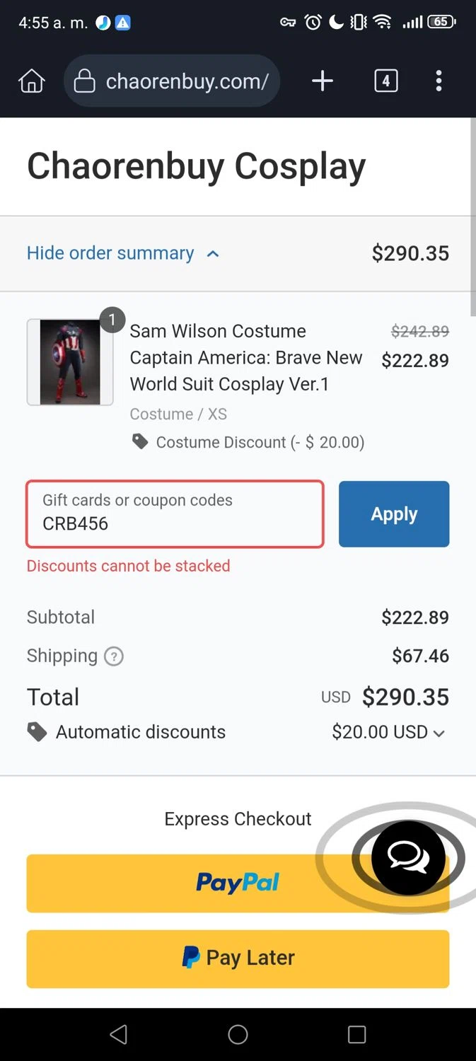Chaorenbuy checkout page showing Chaorenbuy promo code box | Screenshot taken by SimplyCodes community member on Mar 28, 2025