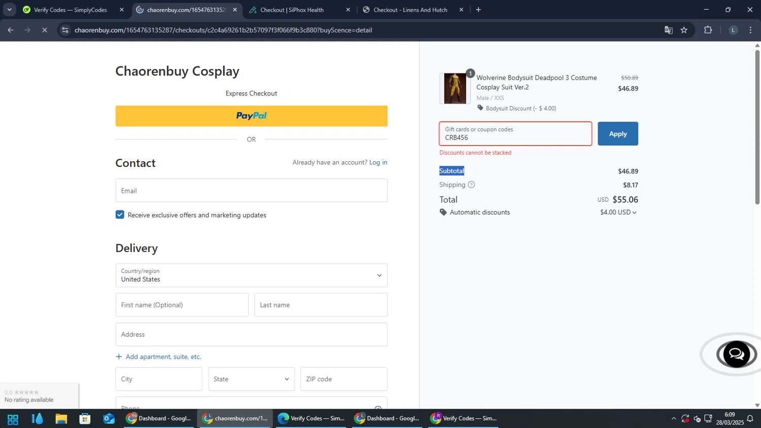 Chaorenbuy checkout page showing Chaorenbuy promo code box | Screenshot taken by SimplyCodes community member on Mar 28, 2025