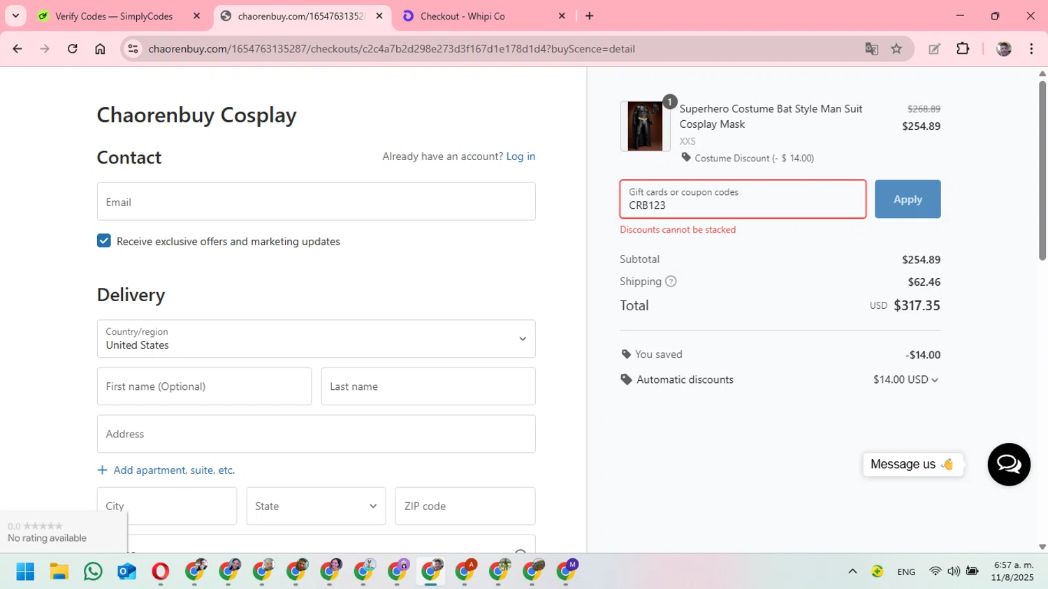 Chaorenbuy promo code screenshot showing code CRB123 applied at Chaorenbuy checkout page. Uploaded by SimplyCodes community member DavGutFig on Aug 11, 2025