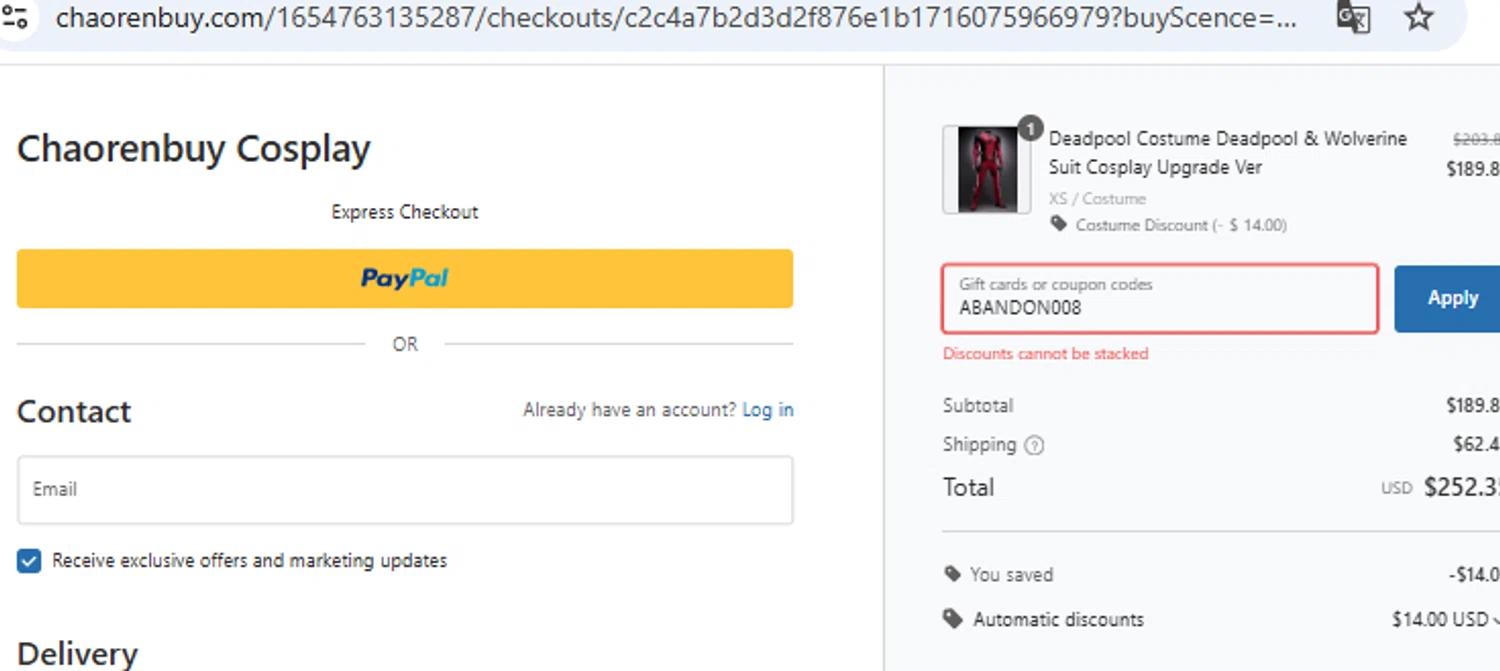 Chaorenbuy promo code screenshot showing code ABANDON008 applied at Chaorenbuy checkout page. Uploaded by SimplyCodes community member PennyOwl2559 on Aug 11, 2025