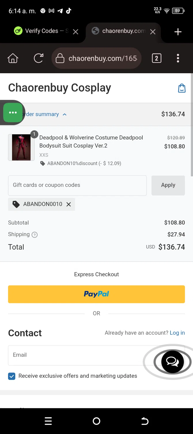 Chaorenbuy promo code screenshot showing code ABANDON0010 applied at Chaorenbuy checkout page. Uploaded by SimplyCodes community member SavingsWarden235 on Feb 4, 2025