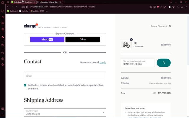 Charge Bikes checkout page showing Charge Bikes discount code box | Screenshot taken by SimplyCodes community member on Aug 29, 2024